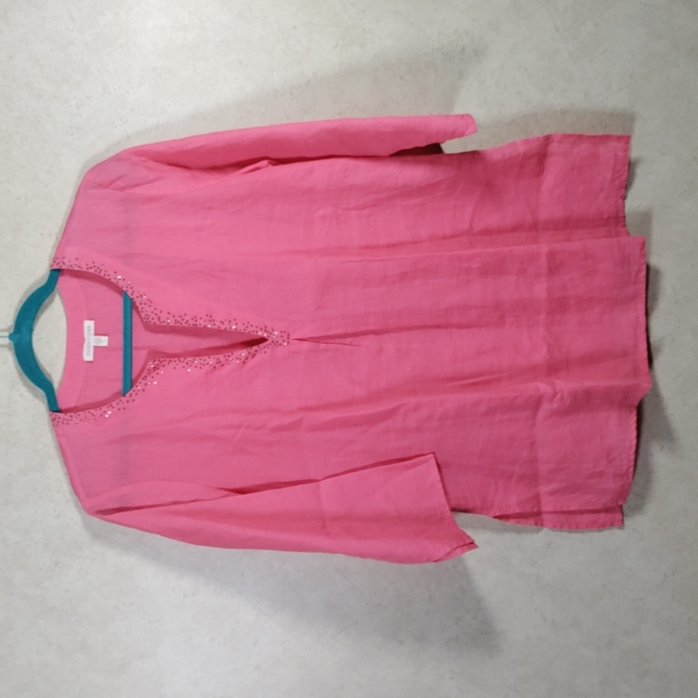 H182 Eileen Fisher coral Irish Linen tunic blouse S